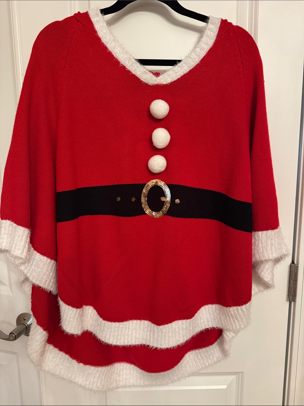 Red Holiday Sweater Poncho with Belt Detail